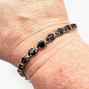 Estate 14K Solid Yellow Gold Black Spinel 7" Fancy Link Tennis Bracelet